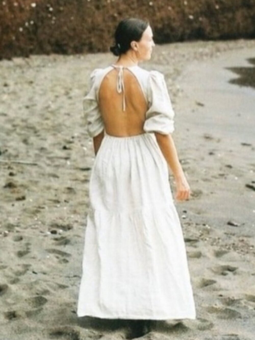 DISSH Claudia Puff Sleeve Open Back Linen Midi Dress